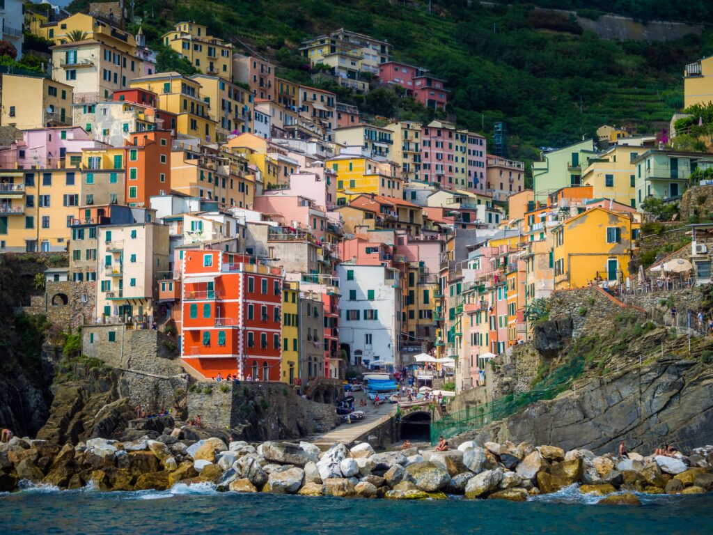 Closeup of colorful houses on the coastal village of Riomaggiore, Italy